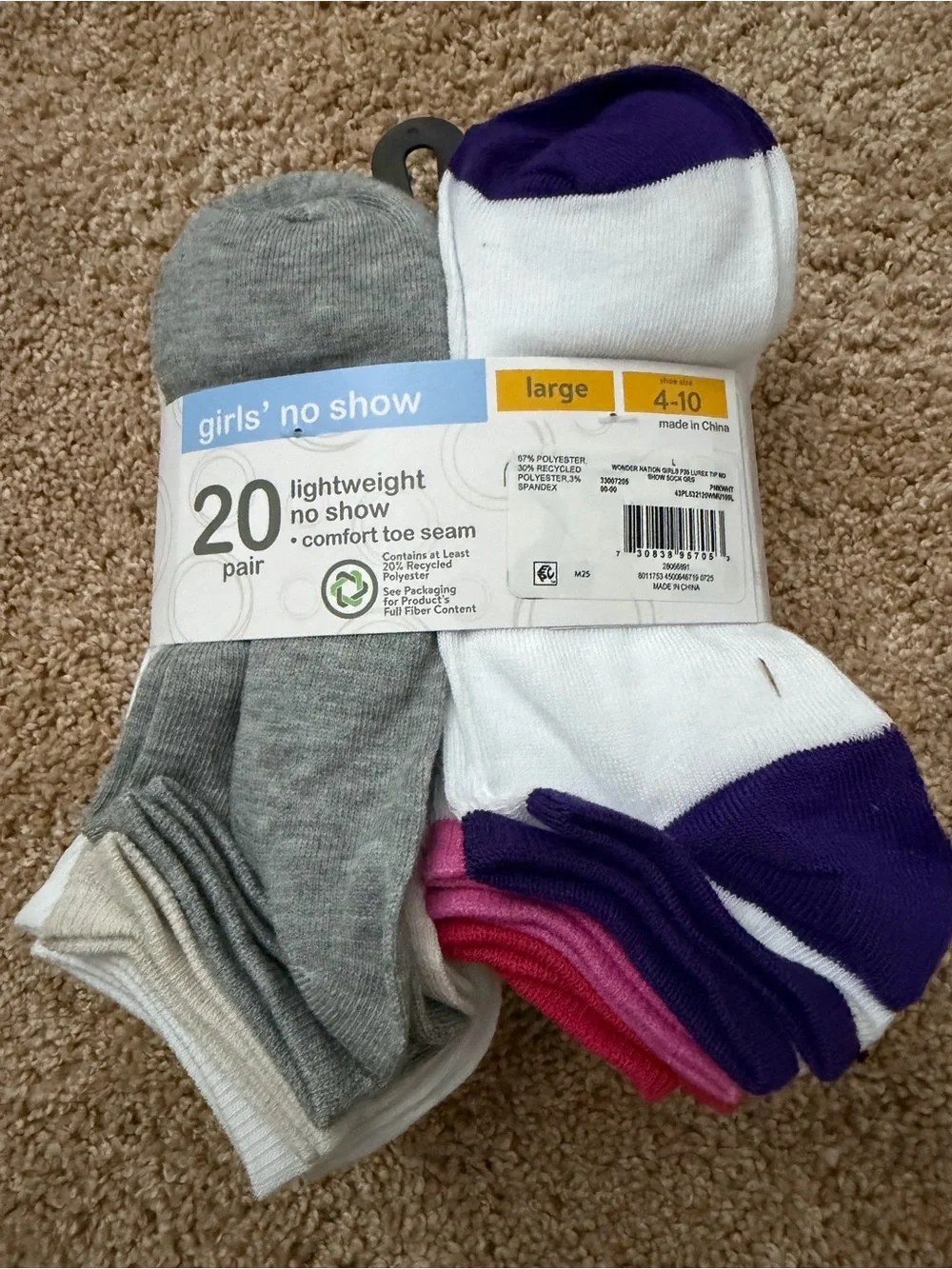 Wonder Nation Girls' Lightweight No Show Socks, 20-Pair Pack Large, Shoe Size 4